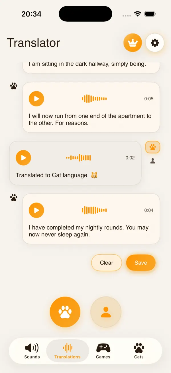 Cat Translator chat screen with a cat replying in a playful conversation