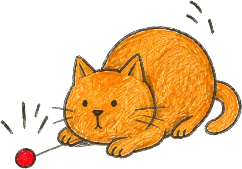 Illustration of a ginger cat crouching low with its tail out, watching a red dot