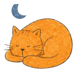 Illustration of a ginger cat curled up asleep under a crescent moon