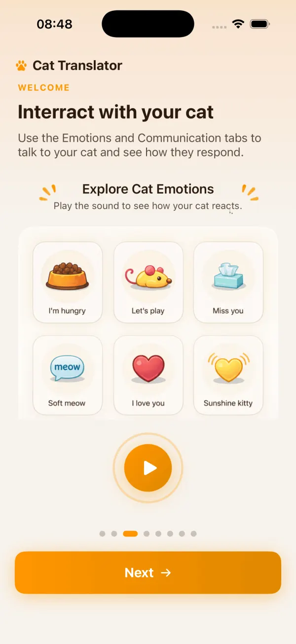 Cat Translator communication screen showing Calming, Feeding, Play and Comfort cat sound categories