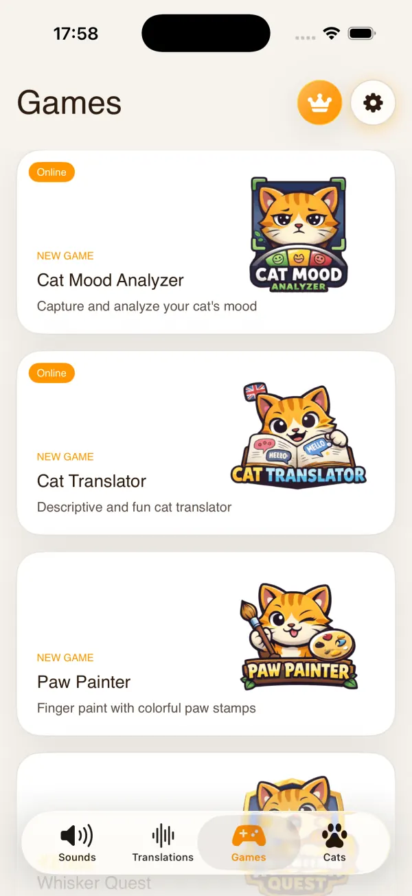 Games screen showing Breed Identifier, Cat Mood Analyzer, Cat Translator and Paw Painter