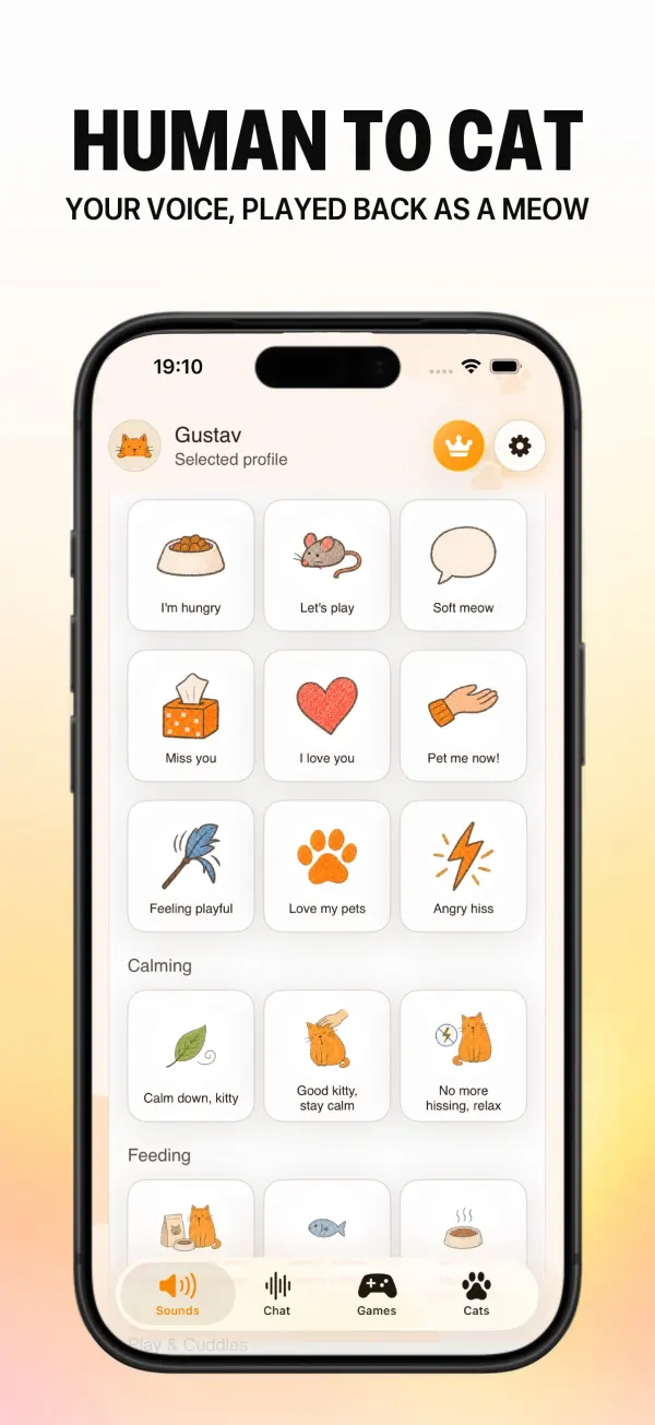 Cat Translator sound library with cat sound cards like I’m hungry and Let’s play