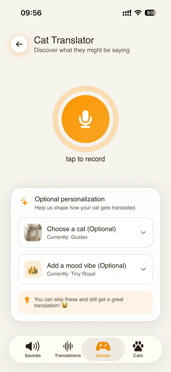 Cat Translator showing a playful AI translation of a cat meow
