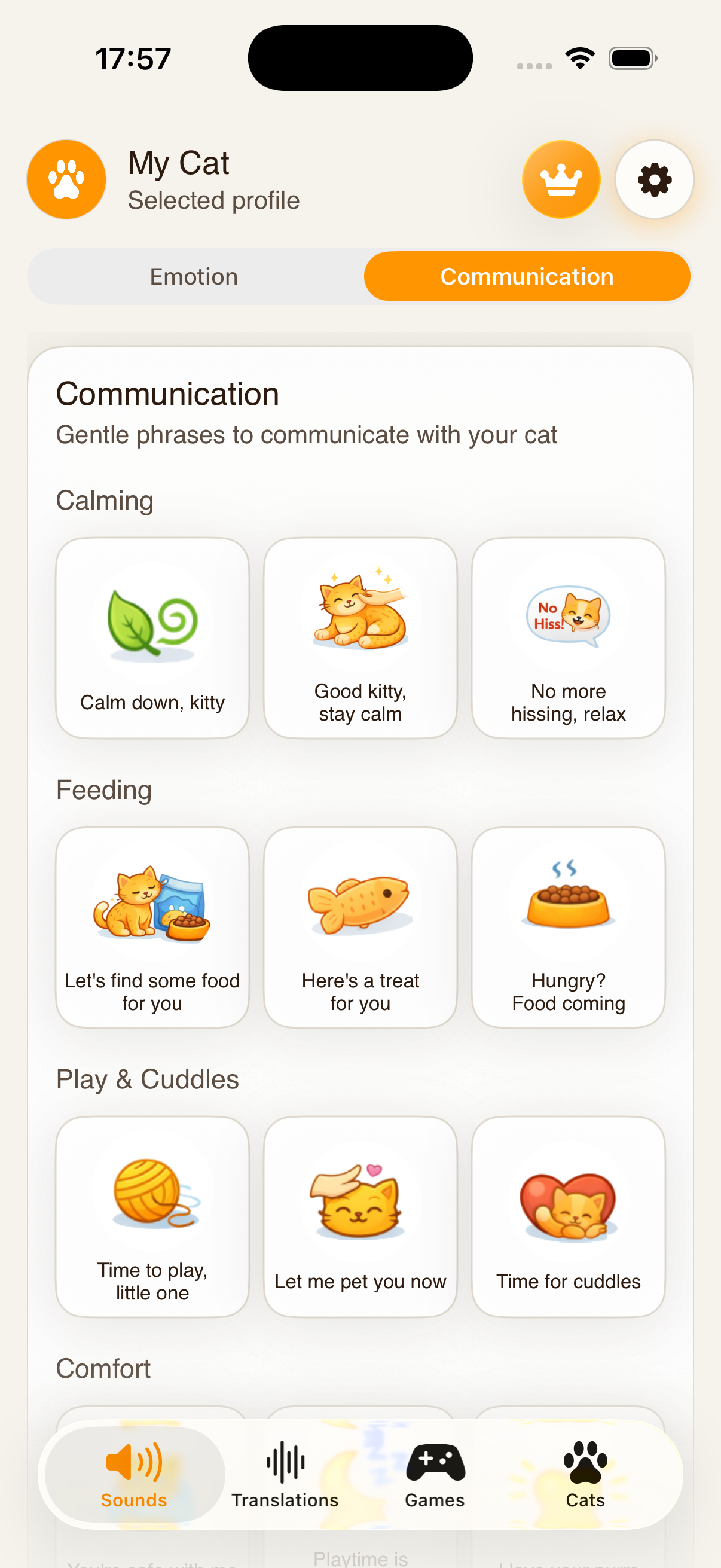 Communication screen showing cat sound categories