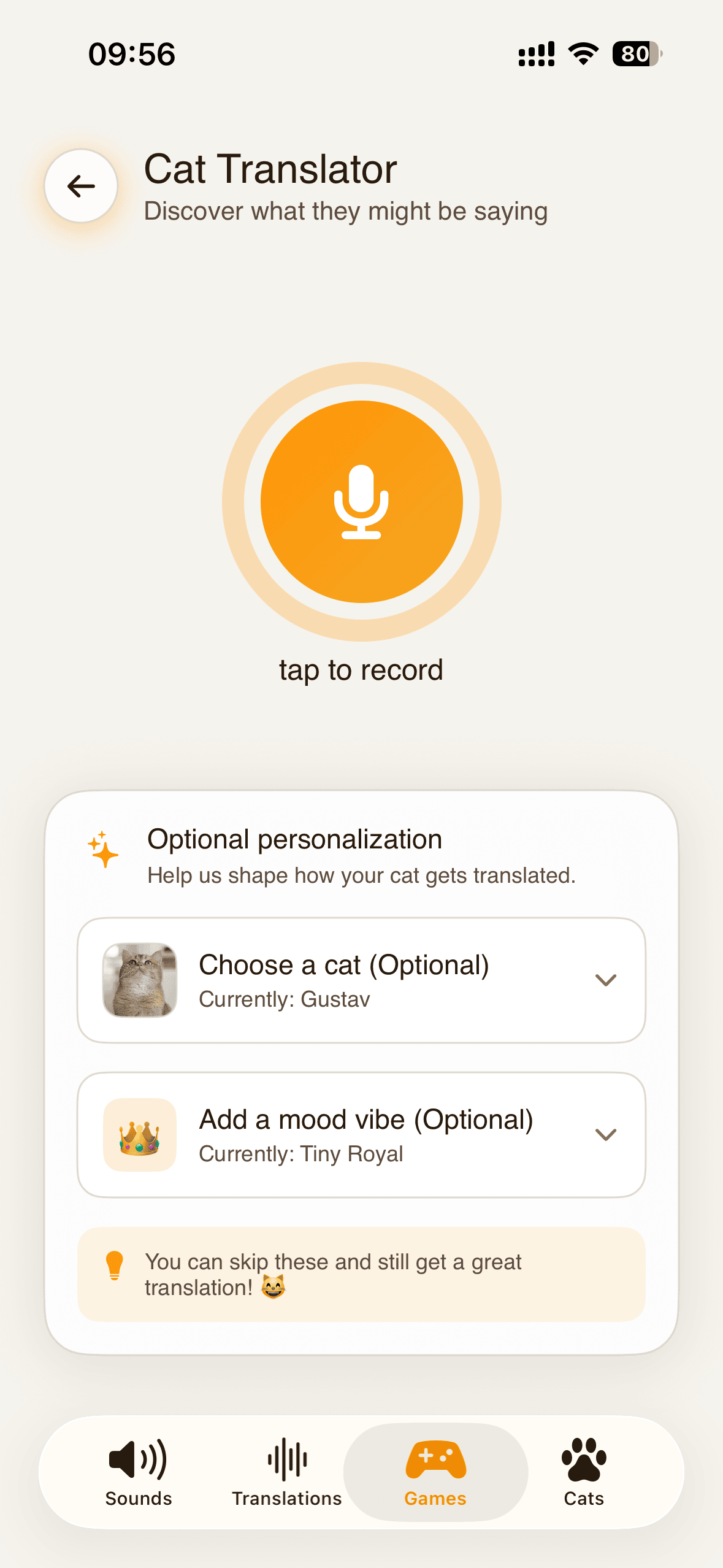 Cat Translator showing a playful AI translation of a cat meow